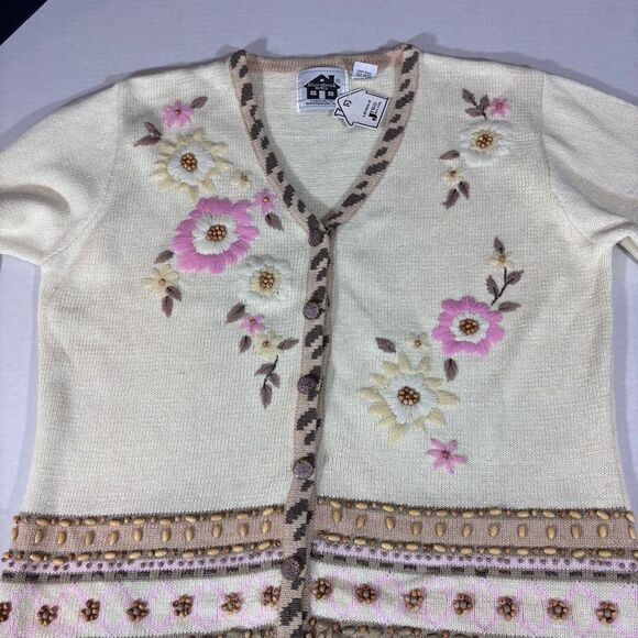 STORYBOOK KNITS Vintage Sweater /Cardigan NEW BEIGE W/Pink Roses BEADING Large - Picture 2 of 16
